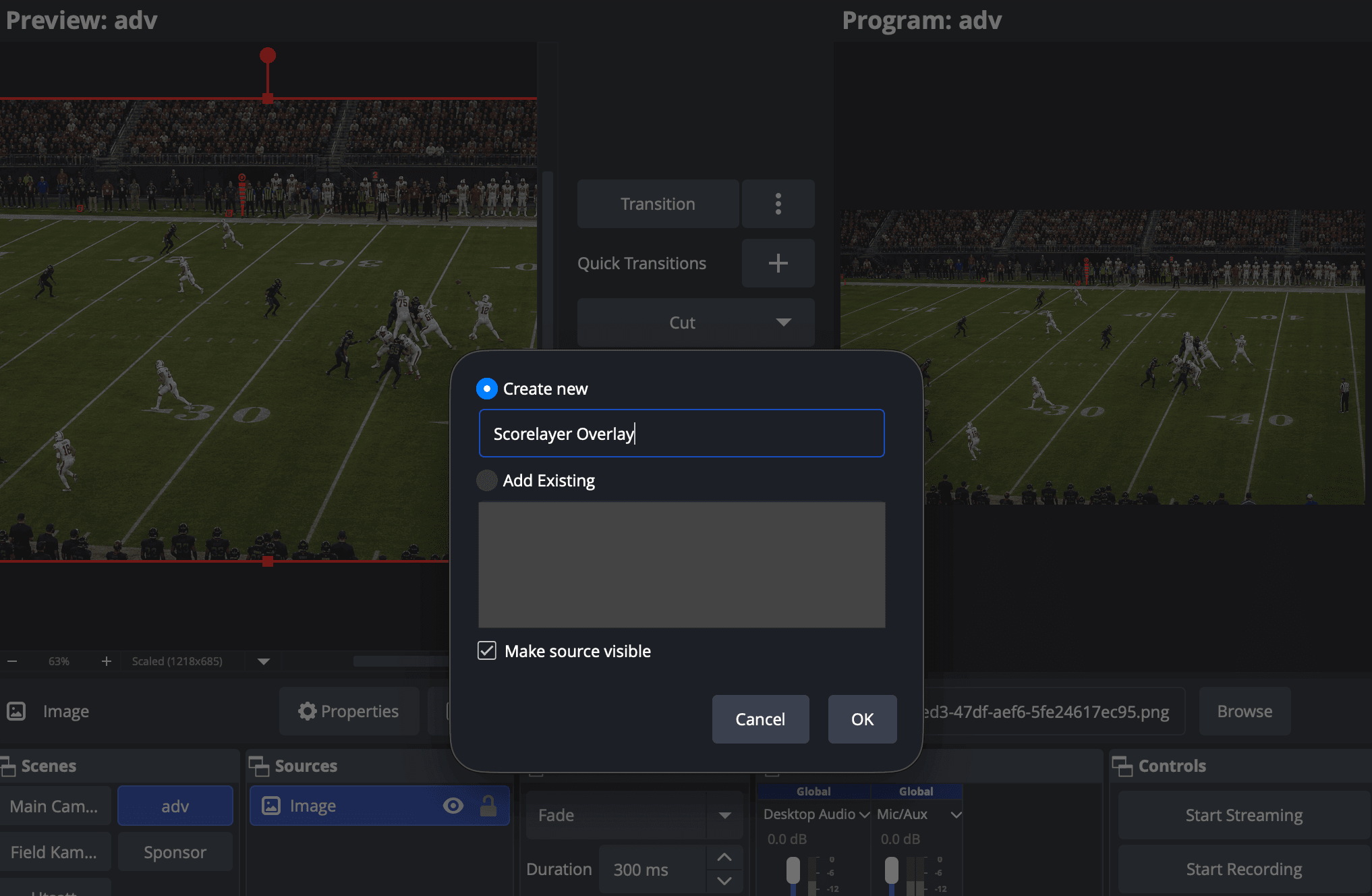 OBS Create new source dialog with the name field filled in as Scorelayer Overlay