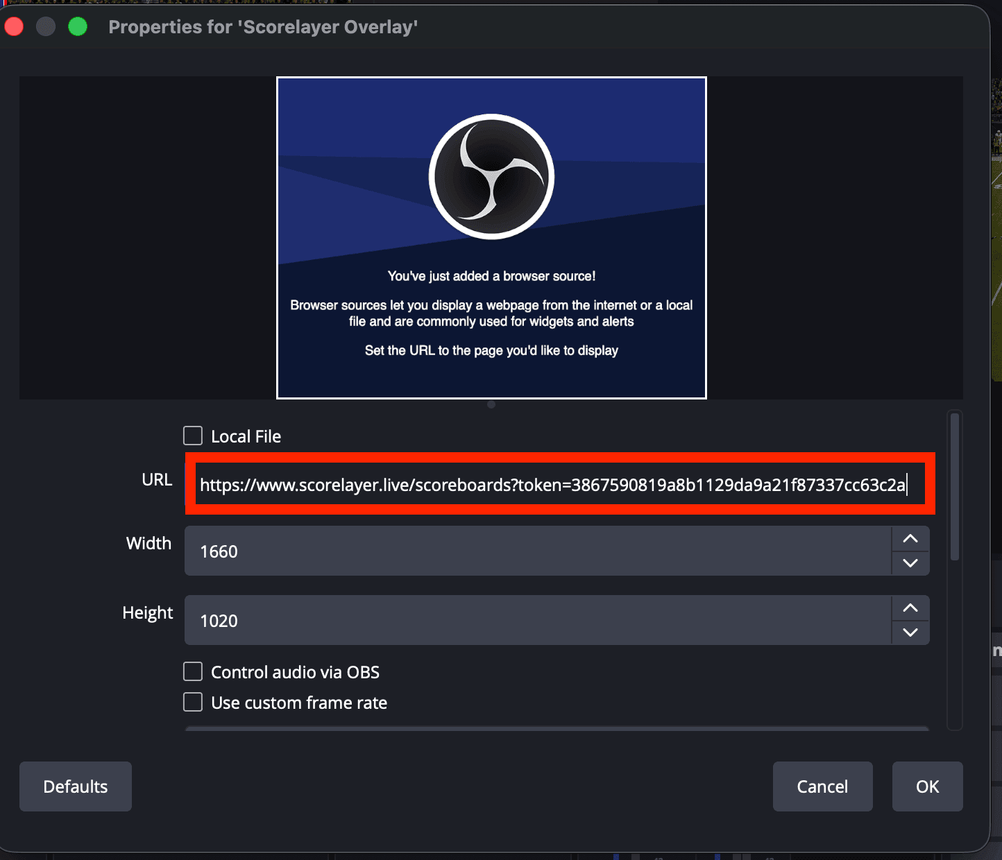OBS Browser Source properties with the ScoreLayer URL pasted into the URL field