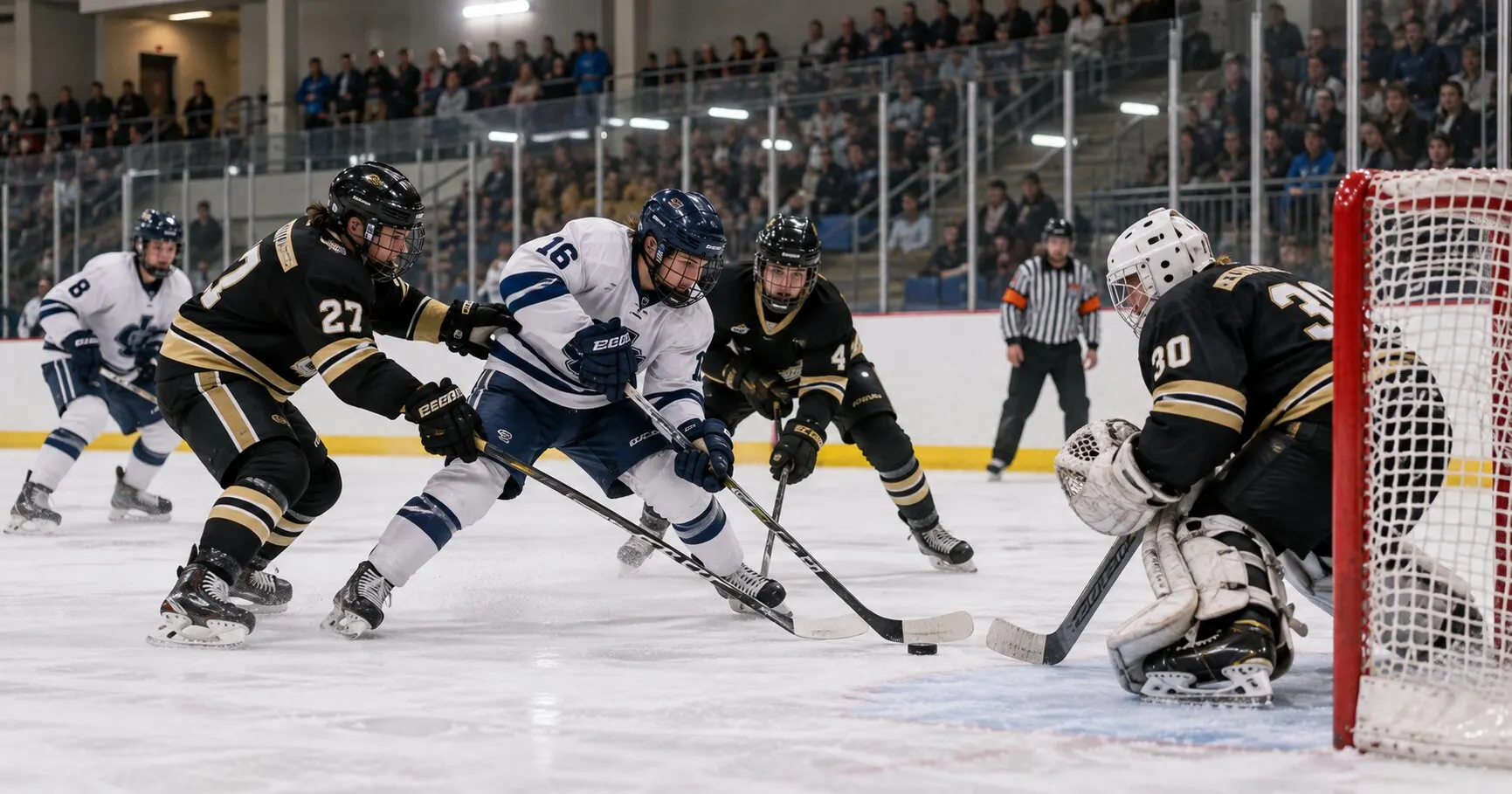 Two club ice hockey teams battling for the puck in front of the net during a game