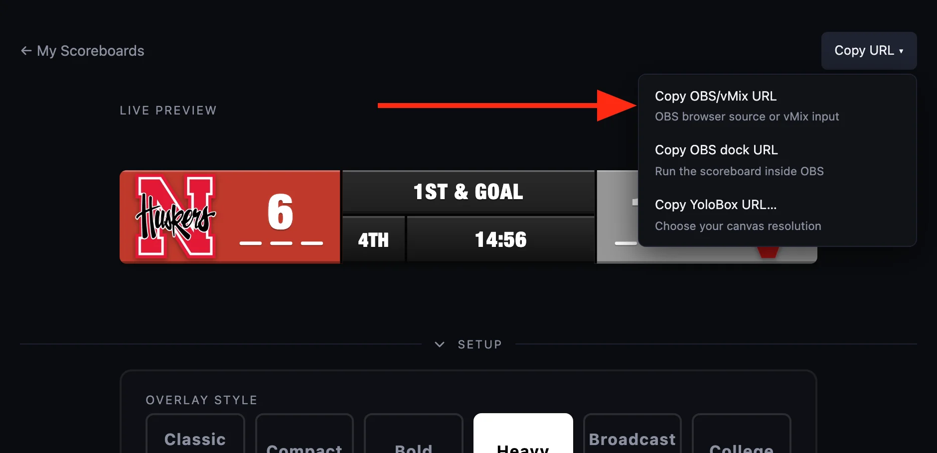 ScoreLayer control panel with the Copy URL menu open and Copy OBS/vMix URL highlighted