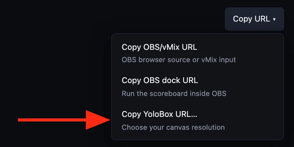 The Copy URL menu in the ScoreLayer control panel with Copy YoloBox URL highlighted