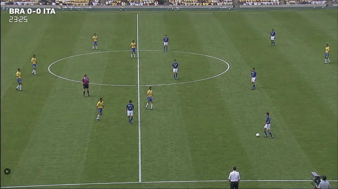 94 Classic overlay showing BRA 0-0 ITA with clock 23:25 in the top-left corner of a football pitch