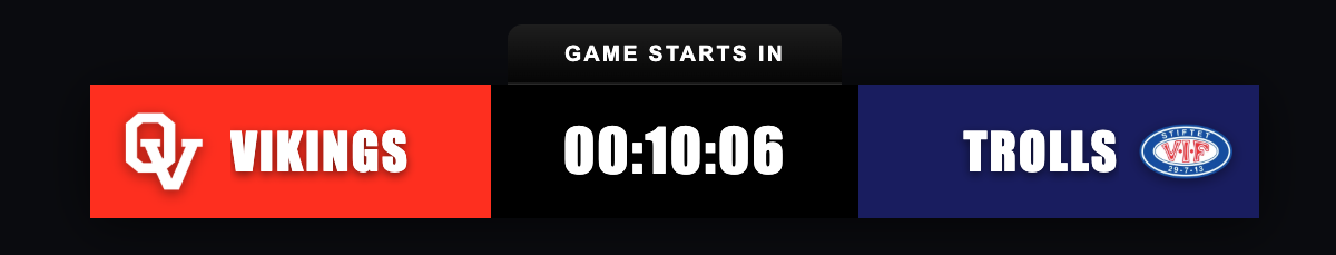 Pre-game countdown overlay showing Vikings vs Trolls with 00:10:06 remaining until kick-off